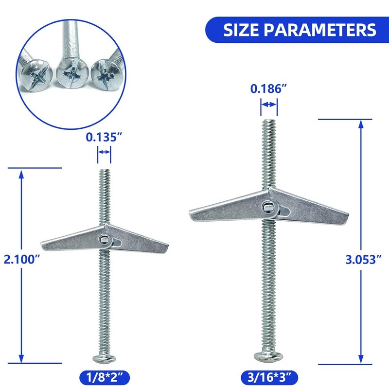 Instockbolts براغي توغل 1/8" x 2" وصمولة جناح - مثبتات توغل الربيع - مثبتات حائط ثقيلة للحوائط الجافة، فولاذ كربوني 20 قطعة - Image 2
